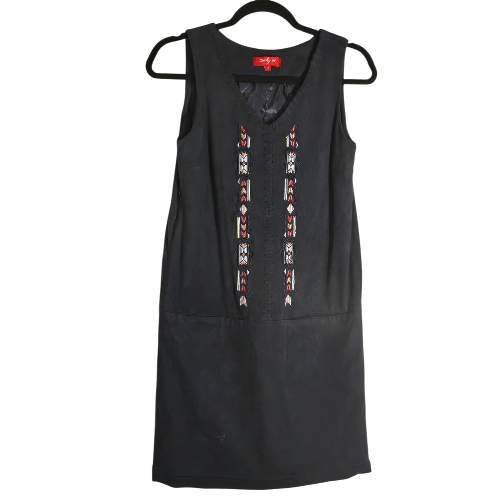 Derhy Tamarin Black Faux Suede Embroidered V-Neck Shift Dress Womens Small‎